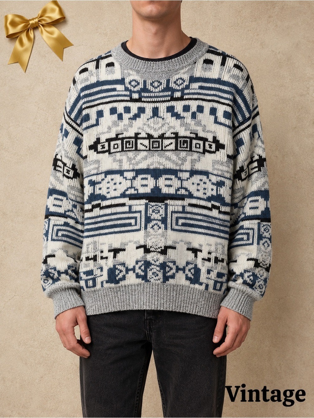 Vintage Geometric Knit Sweater Pullover 80s 90s Retro Style Size M